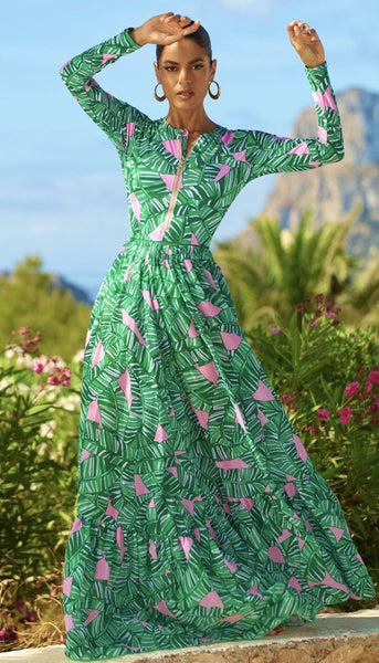 Green Tropical Long Sleeve One Piece Swimsuit With Beach Skirt
