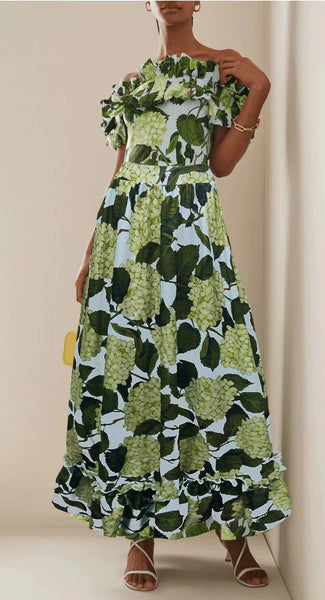 Green Tropical Off Shoulder One Piece Swimsuit With Beach Skirt