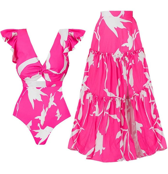 Pink Tropical Cut Out One Piece Swimsuit With Beach Skirt