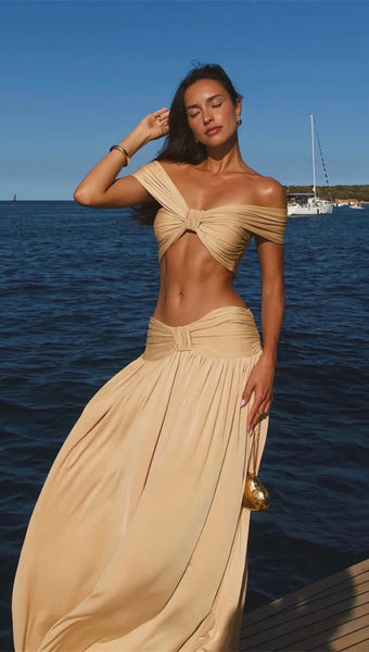 Gold Solid One Shoulder Bikini Set With Beach Skirt