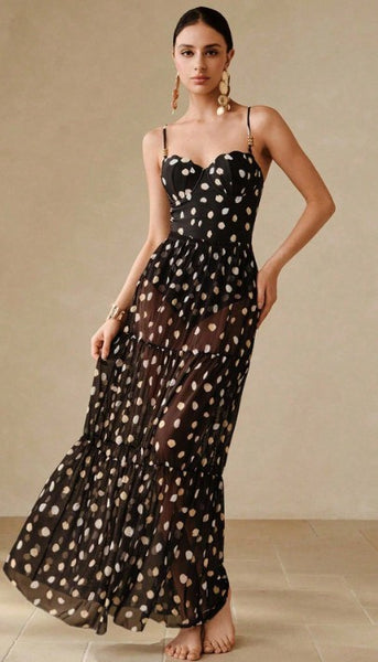 Black Polka Dots Underwire One Piece Swimsuit With Beach Skirt