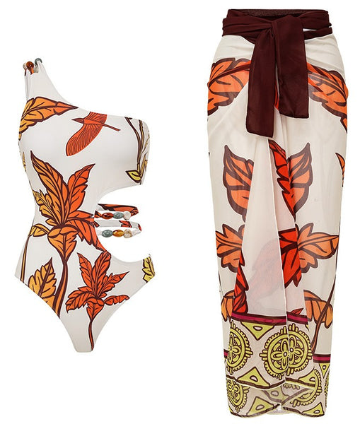 Multicolor Tropical One Shoulder One Piece Swimsuit With Sarong