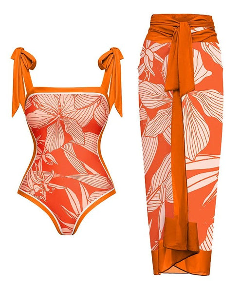 Orange Floral Tummy Control Swimsuit With Sarong