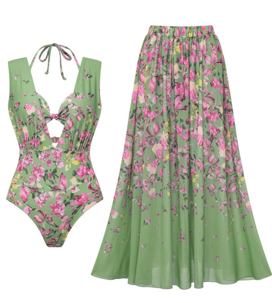 Light Green Floral Plunge Swimsuit With Bikini Top & Beach Skirt