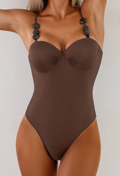 Brown Solid Underwire One Piece Swimsuit