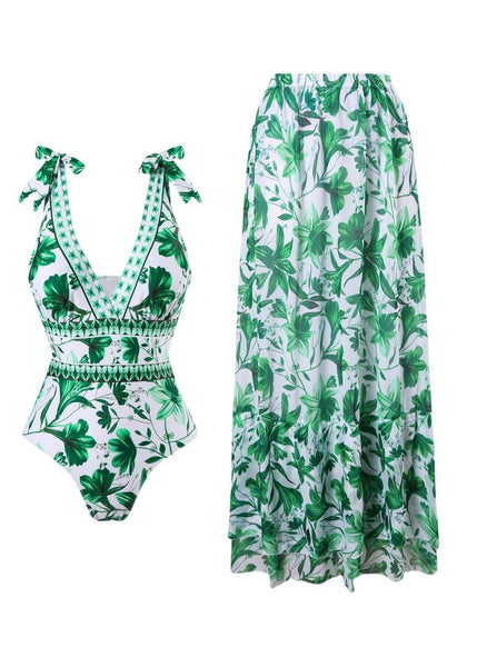 Green Floral One Piece Swimsuit With Maxi Cover Up