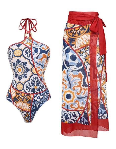 Red Geometric Halter One Piece Swimsuit With Sarong