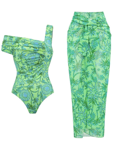 Green Tropical One Shoulder One Piece Swimsuit With Sarong