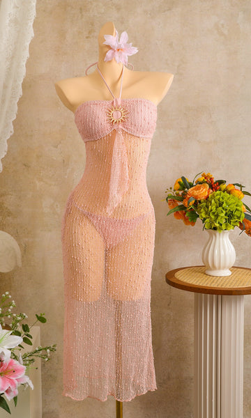 Light Pink Solid Mesh Panel Bikini Set