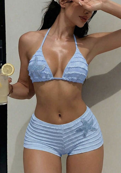 Blue Solid Boyshort Bikini Set