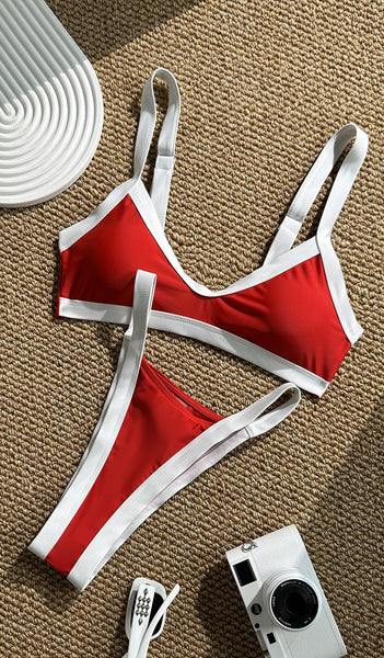Red Colorblock High Cut Bikini Set