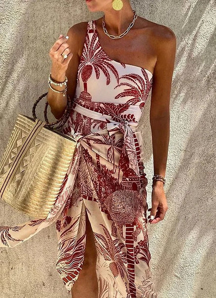 Multicolor Tropical One Shoulder One Piece Swimsuit With Sarong
