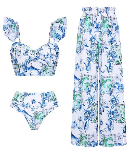 White Tropical High Waisted Bikini Set With Beach Pants