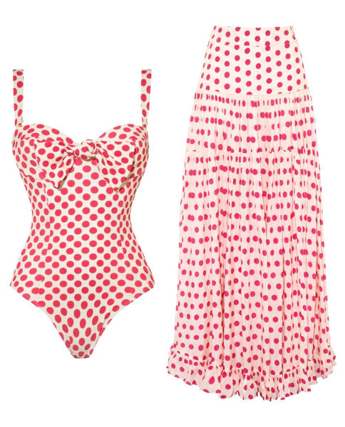 Red Polka Dots Tie Front One Piece Swimsuit With Maxi Cover Up