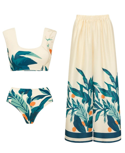 Cream Tropical High Waisted Bikini Set With Beach Pants