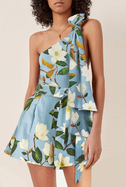 Sky Blue Floral One Shoulder One Piece Swimsuit With Beach Skirt