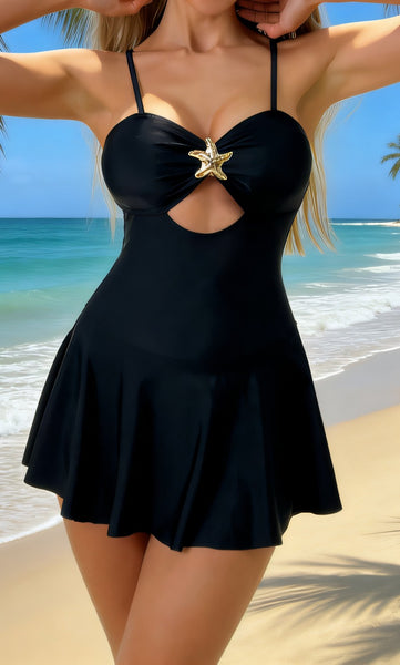 Black Solid Cut Out One Piece Swimsuit