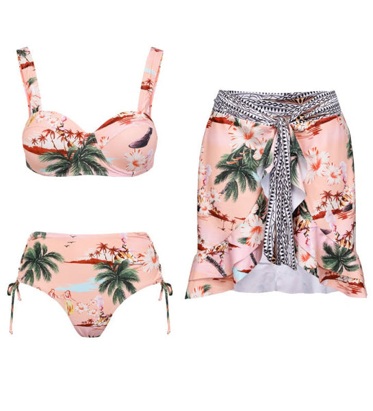 Light Pink Tropical Underwire Bikini Set With Sarong Beach Skirt