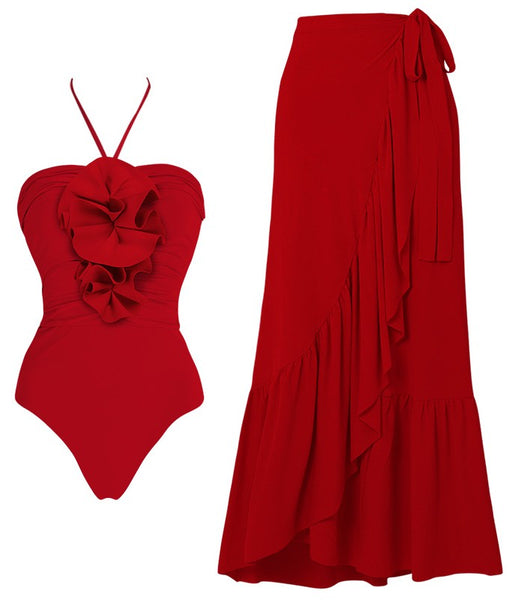Red Solid Halter One Piece Swimsuit With Ruffle Sarong