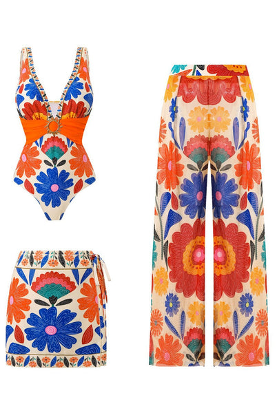 Multicolor Tropical Deep V One Piece Swimsuit With Beach Skirt & Beach Pants