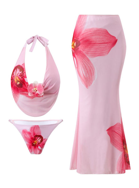 Pink Floral Halter Bikini Set With Beach Skirt