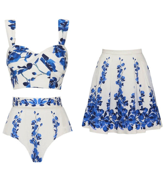 Blue Floral High Waisted Bikini Set With Midi Cover Up