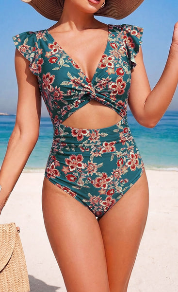 Aqua Blue Floral Cut Out One Piece Swimsuit