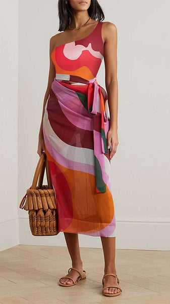 Multicolor Geometric One Shoulder One Piece Swimsuit With Sarong
