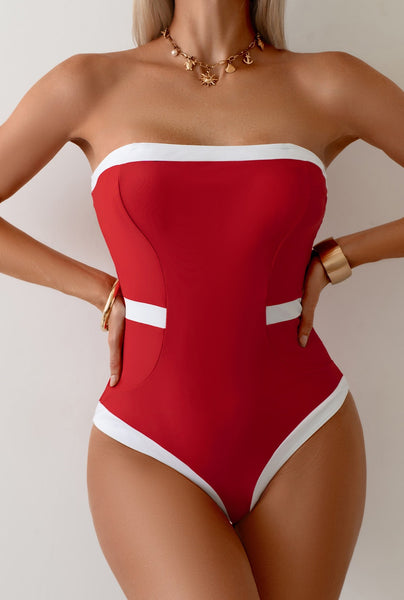 Red Solid Strapless Swimsuit