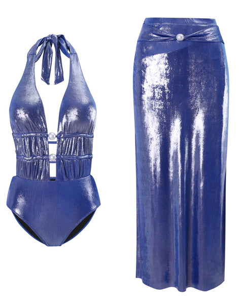 Blue Solid Halter One Piece Swimsuit With Beach Skirt