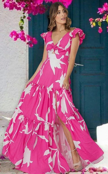 Pink Tropical Cut Out One Piece Swimsuit With Beach Skirt