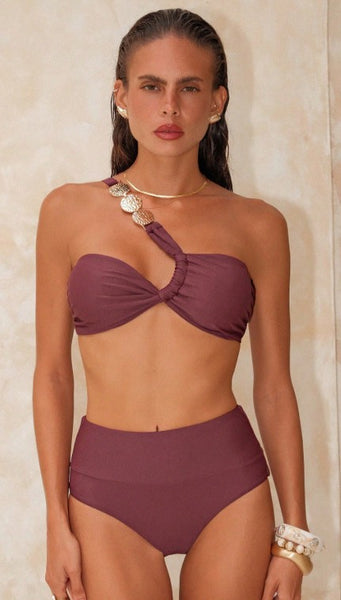 Light Maroon Solid One Shoulder Bikini Set