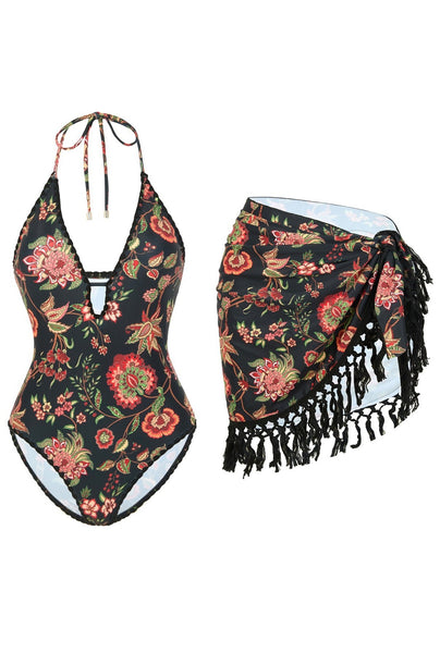 Black Floral Halter One Piece Swimsuit With Sarong