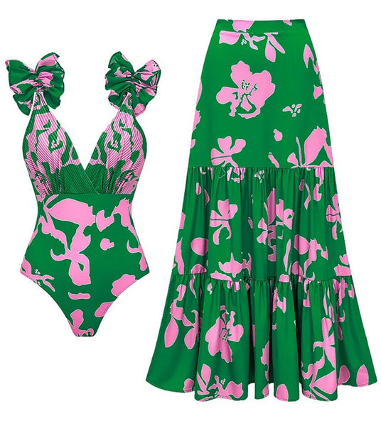 Green Floral Plunge Swimsuit With Maxi Cover Up