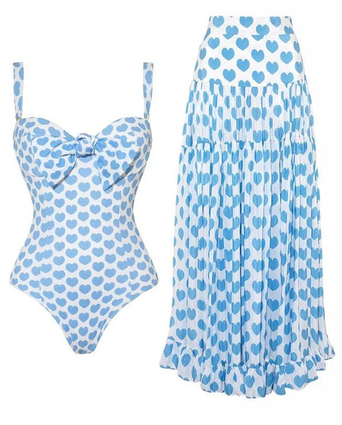Light Blue Conversational Print Tie Front One Piece Swimsuit With Maxi Cover Up