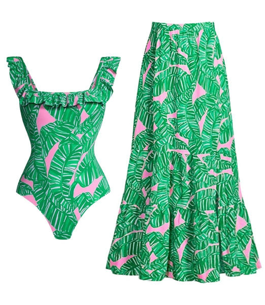 Green Tropical Ruffle One Piece Swimsuit With Beach Skirt