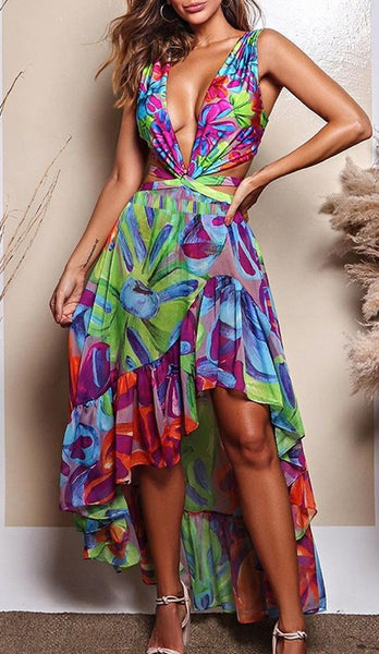 Multicolor Floral Deep V One Piece Swimsuit With Beach Skirt