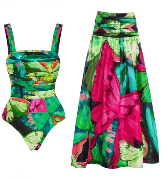 Green Tropical Tummy Control Swimsuit With Beach Skirt
