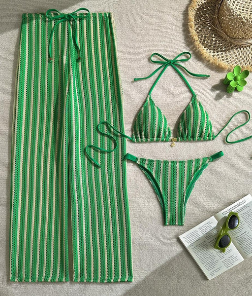 Green Stripes Halter Bikini Set With Beach Pants