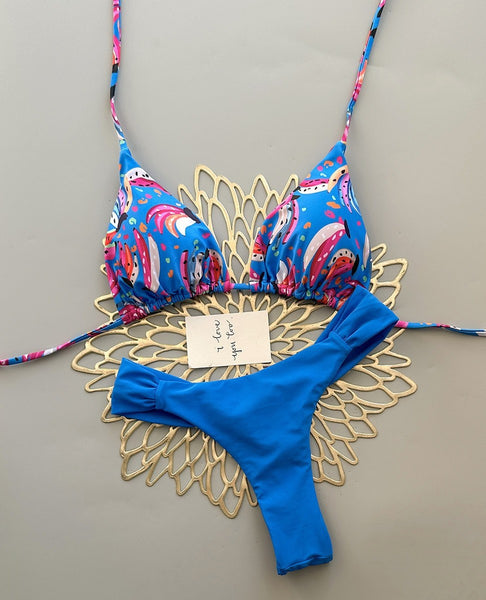 Blue Fruit Print Halter Bikini Set