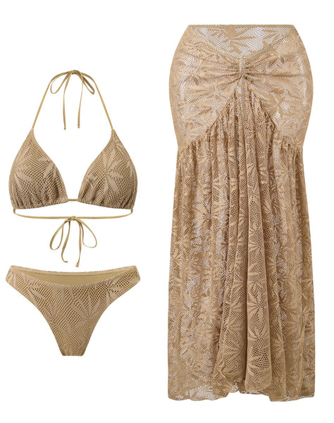 Brown Mesh Print Halter Bikini Set With Maxi Cover Up