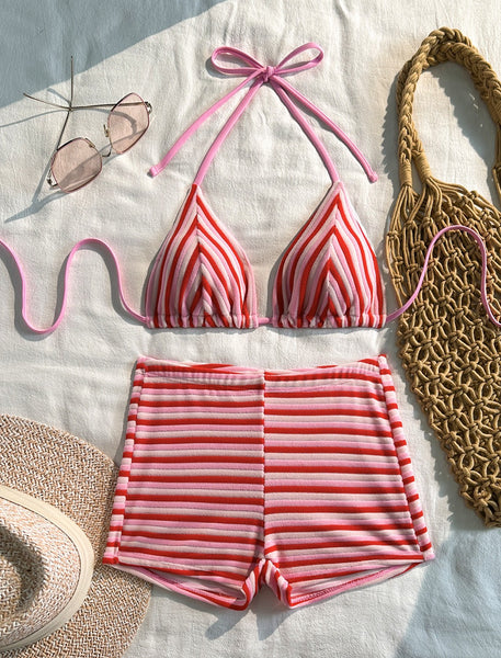 Red Stripes Boyshort Bikini Set