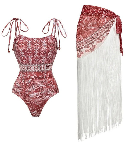 Brown Tropical One Piece Swimsuit With Sarong