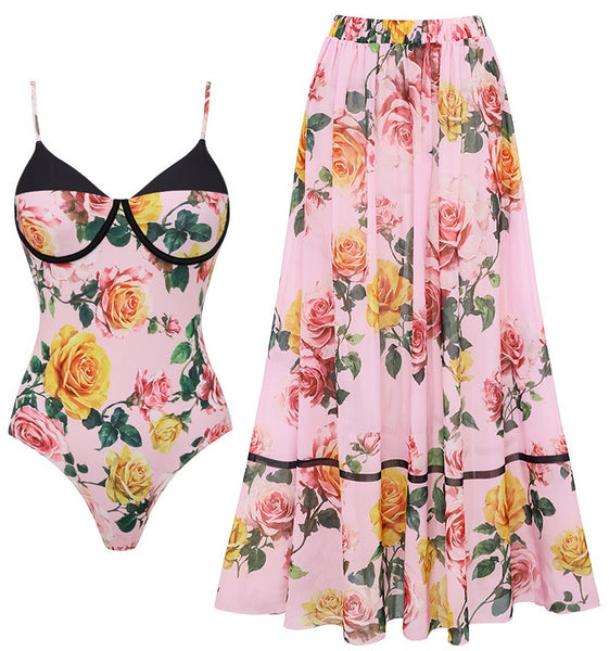 Light Pink Floral Underwire One Piece Swimsuit With Beach Skirt