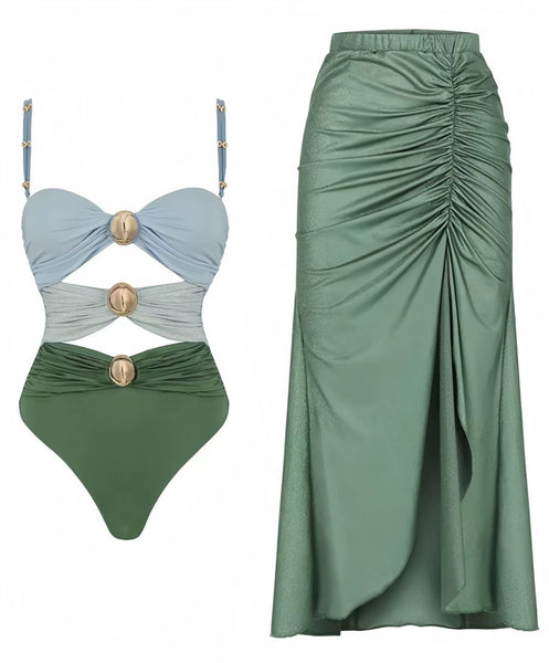 Green Colorblock One Piece Swimsuit With Beach Skirt
