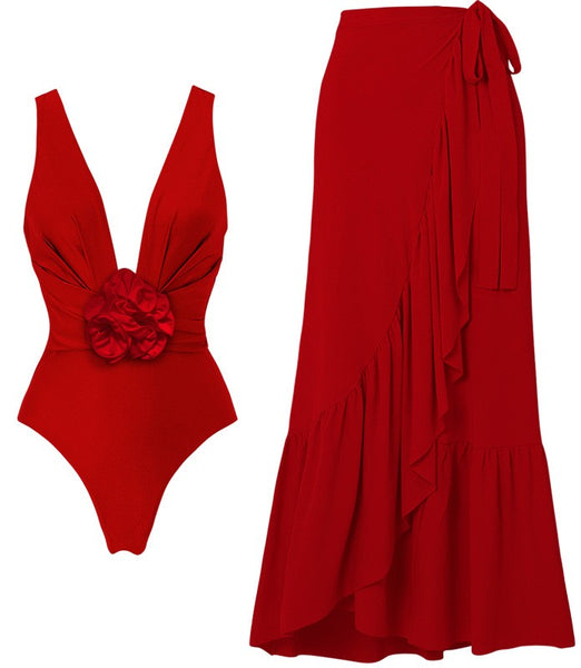 Red Solid Deep V One Piece Swimsuit With Ruffle Sarong