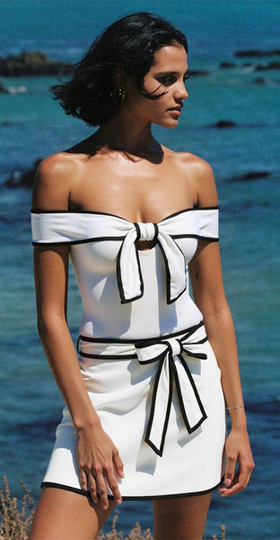White Solid Off Shoulder One Piece Swimsuit With Beach Skirt Set