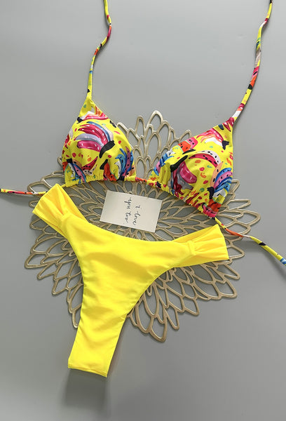 Yellow Fruit Print Halter Bikini Set