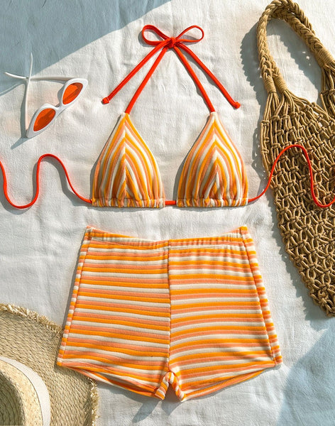Yellow Stripes Boyshort Bikini Set
