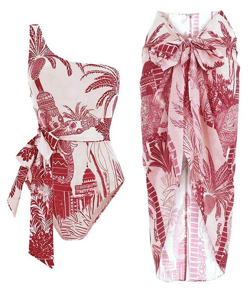 Multicolor Tropical One Shoulder One Piece Swimsuit With Sarong